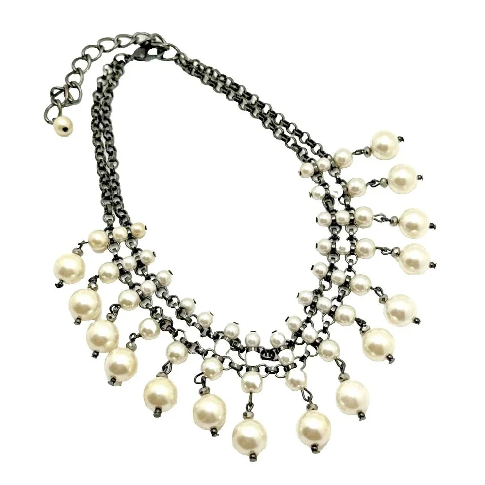 Vintage Faux Pearl Dangle Collar Necklace Black Chain Tribal Choker 14